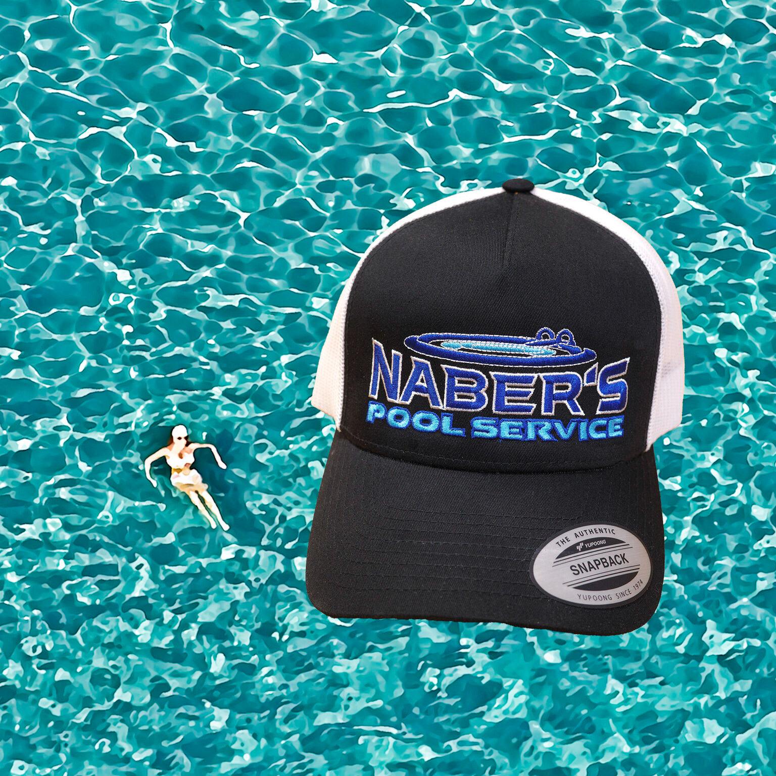 Black cap embroidered with a blue and white pool service logo