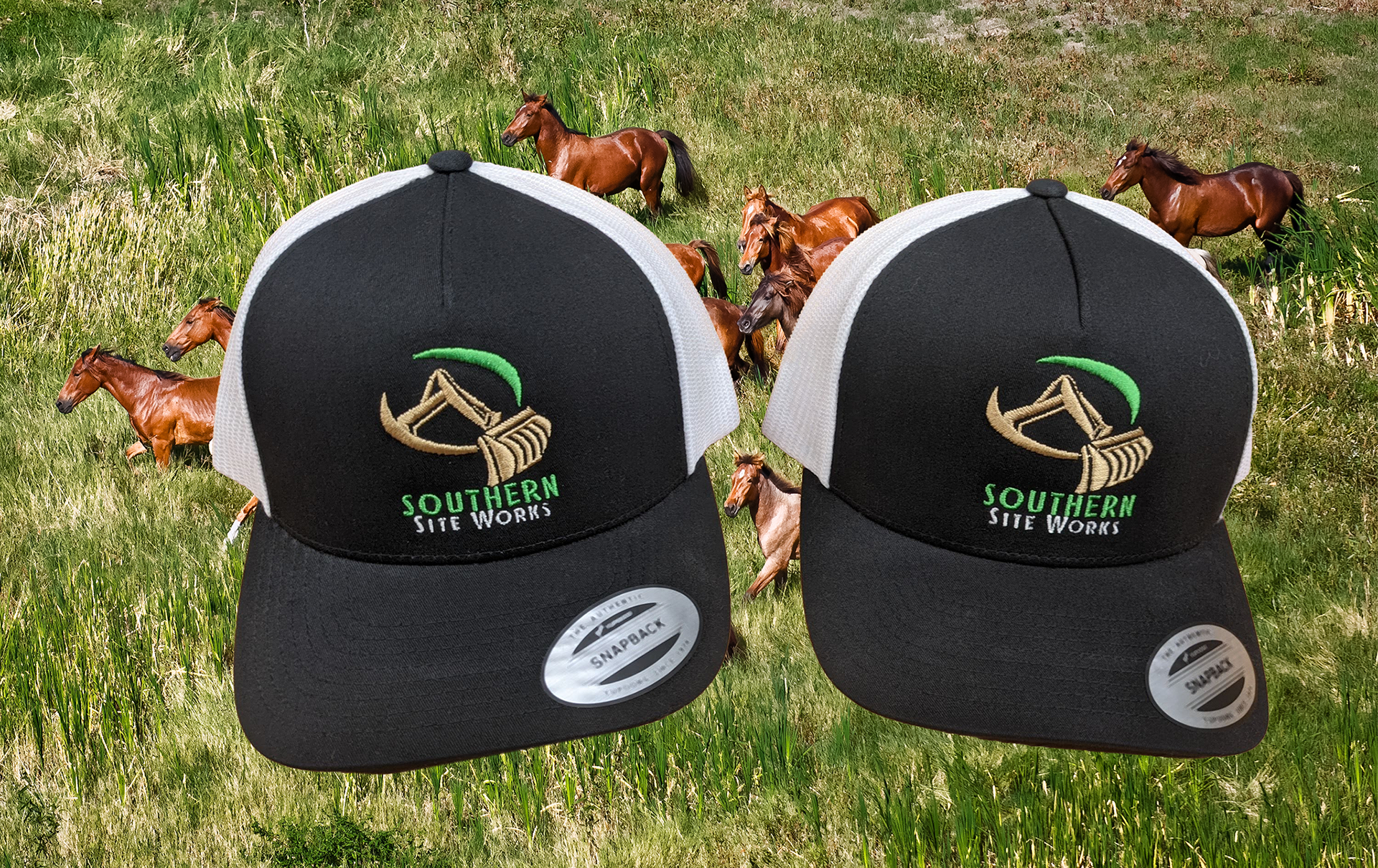 Pair of black caps with green and gold equestrian embroidery