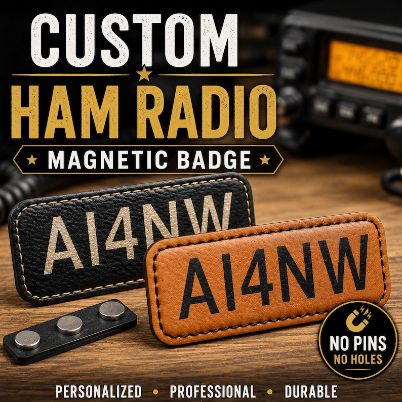 Black and rawhide leatherette magnetic call sign badges displayed on a radio desk